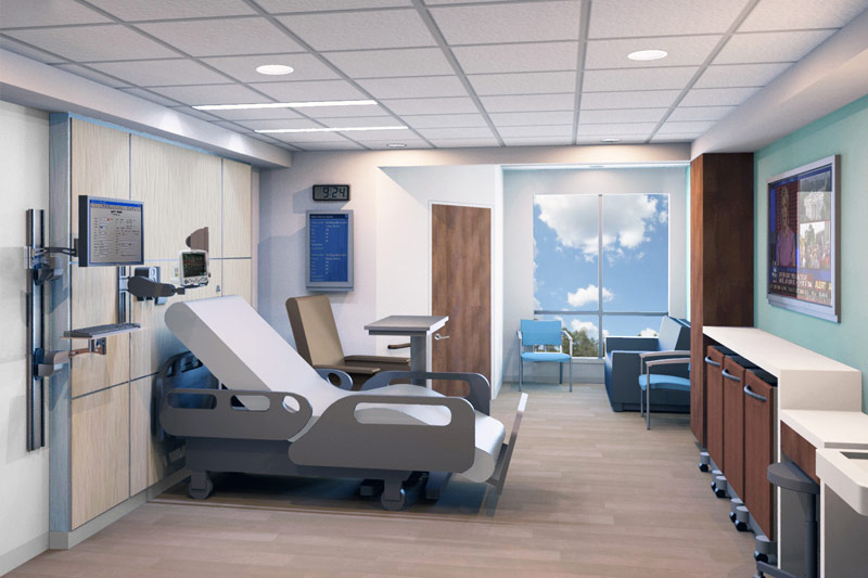 A rendering of a patient room in the Frederick Building.